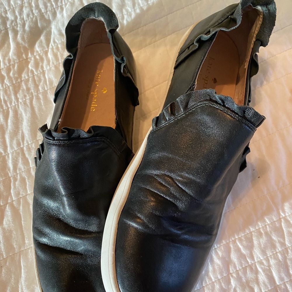 Kate Spade Lillie Leather Slip On Sneaker Ruffled Casual Shoe Black Size 9